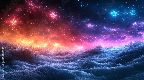 Wallpaper Mural Vibrant neon stars glowing in the night sky above a snow covered field with colorful aurora lights Torontodigital.ca