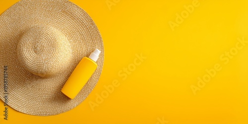 Straw sun hat and yellow sunscreen bottle on bright yellow background