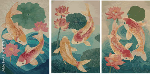 Vintage Oriental Style Koi Carp Collection with Blooming Lotus Flowers