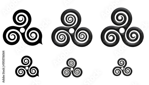 Fotografía Set of Black Triple Spiral Triskele Celtic Symbols in Various Styles Isolated Ve