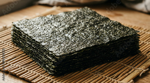 Stacked Nori Seaweed Sheets for Sushi Preparation