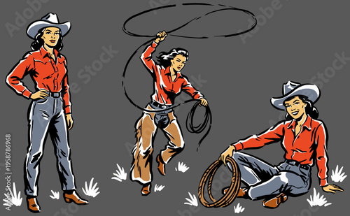 Wild West Cowgirl Vintage Art. Retro rodeo queen illustration. Western lifestyle graphics for t-shirt design, posters, and stickers.