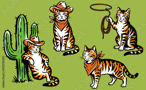 Wild West kitten club. Cute cowboy cat vintage illustration for t-shirt design, sticker, poster, and artistic graphic print projects.