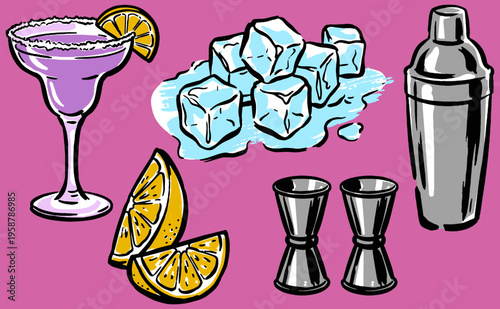 Cocktail club artwork for t-shirt print, poster, and sticker. Margarita, fresh citrus, ice, and bar tools vector graphic design.