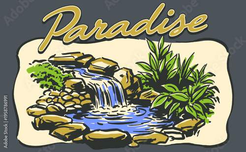 Find your paradise. Tropical waterfall escape. Relaxing nature oasis artwork. Hand drawn landscape print design for poster, sticker and apparel.