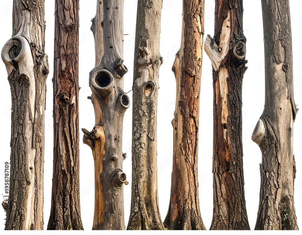 Naklejka premium Seven tree trunks, various species, isolated on white. Natural textures, knot holes, and rough bark