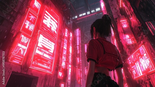 Wallpaper Mural Woman standing in futuristic cityscape with neon red lights and chinese characters at night in a cyberpunk environment with urban technology Torontodigital.ca