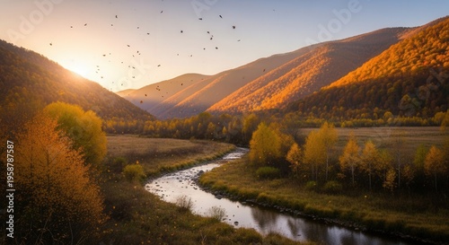 Serene Autumn Landscape with Flowing River and Mountain Range at Sunset