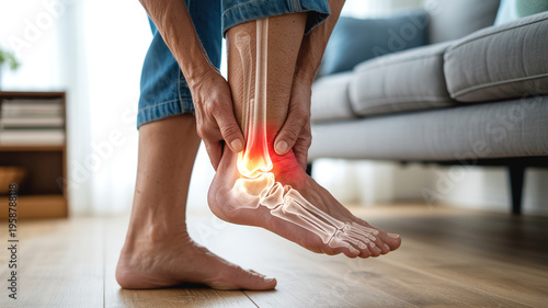 Person holding ankle in pain with highlighted joint inflammation and X ray overlay, Concept of ankle injury, sprain and healthcare.