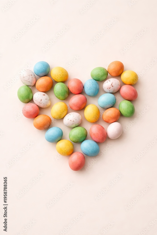 Obraz premium Top view of pastel colored Easter eggs arranged in a heart shape on a soft neutral background, minimal festive composition with gentle tones and copy space.