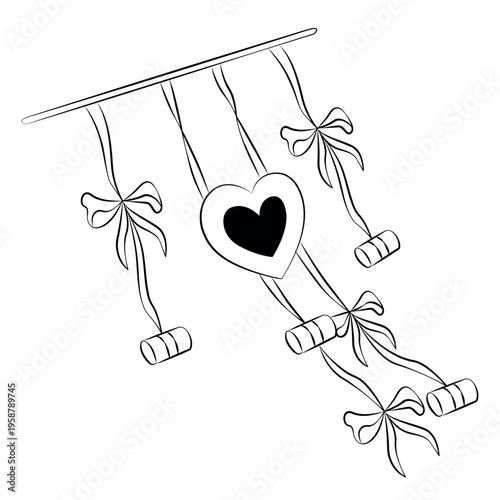 Hand-drawn wedding decor element, just married car sign made of ribbon, bows and cans in doodle line art style
