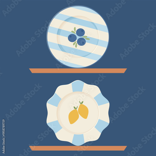 illustration of 2 handmade plates with fruit motifs, blueberries and lemons in pastel colors