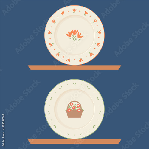 illustration of 2 handmade plates with floral motifs in pastel colors