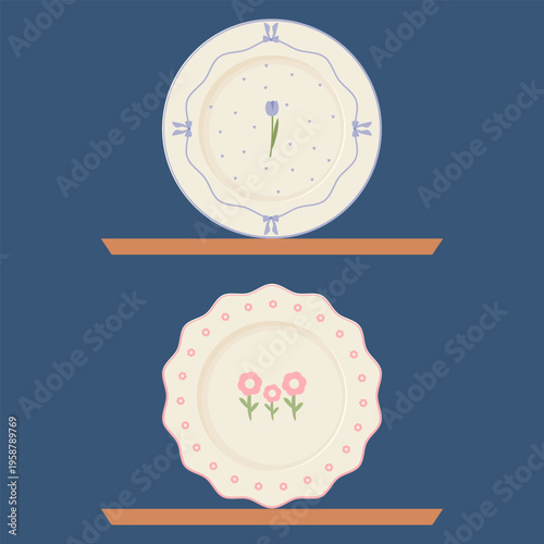 illustration of 2 handmade plates with floral motifs, tulip and little flower in pastel colors