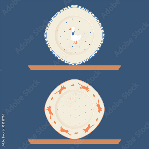 illustration of 2 handmade plates with animal motifs, goose, duck, cat and fish in pastel colors