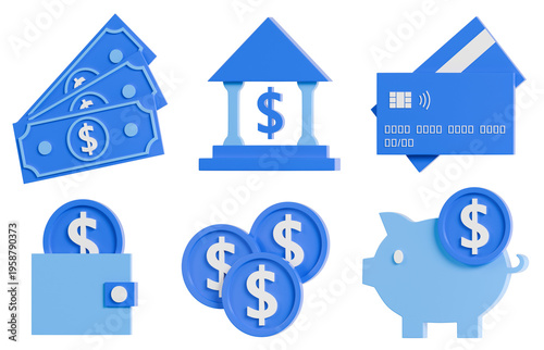 Set of 3D blue finance and banking icons including cash money, bank building, credit card, wallet, coins and piggy bank. Concept of personal finance, payments