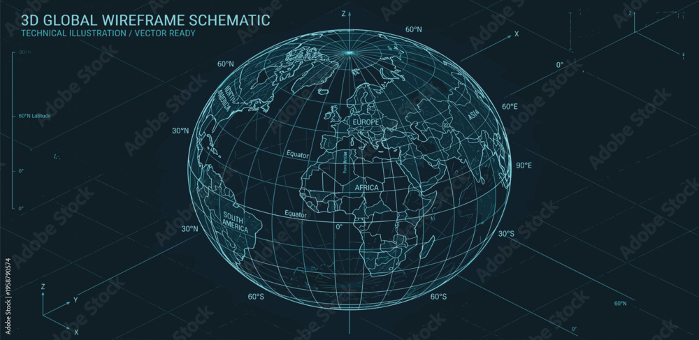 Fototapeta premium Global Wireframe Schematic A Detailed 3D Representation of the Earth's Surface and Continents