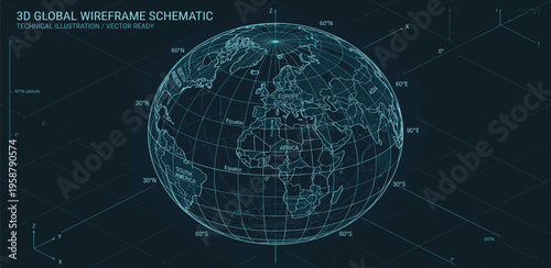 Global Wireframe Schematic A Detailed 3D Representation of the Earth's Surface and Continents