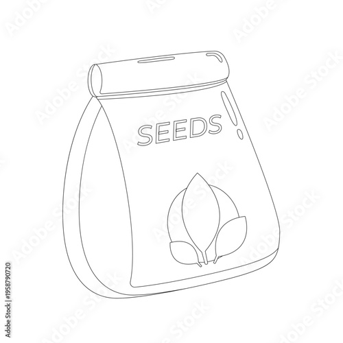 Black and white outline illustration of a seed packet labeled “SEEDS” with a stylized leaf graphic, suitable for gardening, agriculture, and educational projects