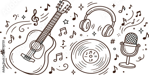 A whimsical doodle illustration celebrating the joy of music with a guitar, headphones, vinyl record, and microphone amidst musical notes and stars