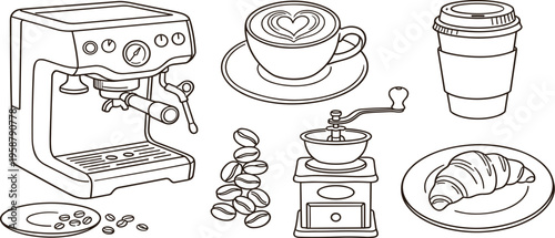 A collection of coffee-related items including an espresso machine, coffee beans, a grinder, a cup of coffee, a croissant, and a to-go cup, all rendered in a line art style
