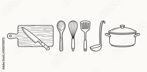 A Comprehensive Collection of Kitchen Utensils and Cookware in Stylized Line Art for Culinary Projects and Food Preparation Designs