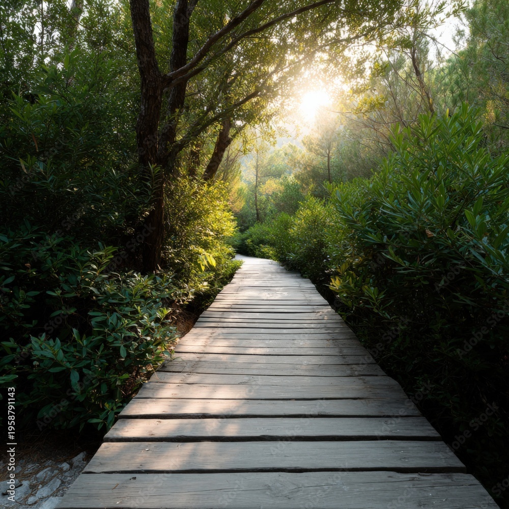 Obraz premium Wooden boardwalk path through sunlit green forest with dappled light and lush foliage leading into a tranquil nature trail