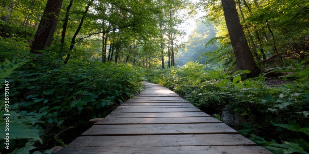 Obraz premium Wooden boardwalk forest morning sunlight lush green undergrowth winding path through tall trees soft rays filtering into serene woodland setting