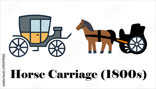 Vintage horse carriage from 1800s featuring classical stagecoach and horse-drawn transport history evolution vector