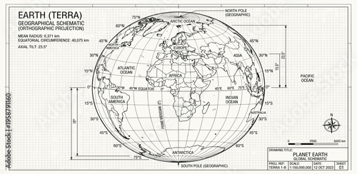 Technical blueprint of Earth's global geography, featuring an orthographic projection map with continents, oceans, and a precise coordinate grid