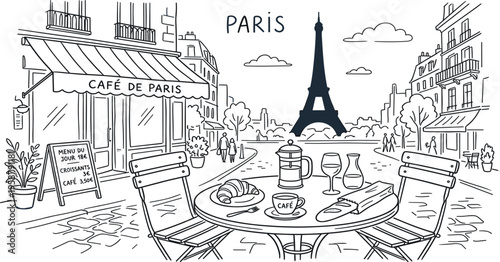 Parisian cafe scene with Eiffel Tower in background, offering a taste of French culture and lifestyle
