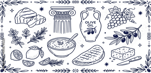 Mediterranean Delights Fresh Greek ingredients illustration, featuring olive oil, grilled cheese, grapes, herbs, and feta, for healthy cooking and culinary themes