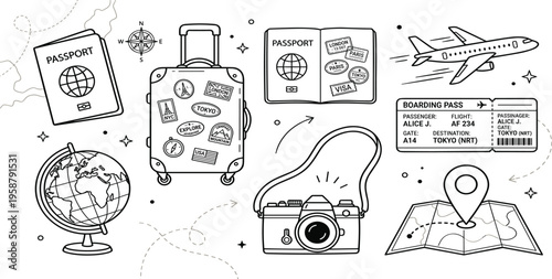 Explore the world with iconic travel symbols passport, globe, camera, and airplane