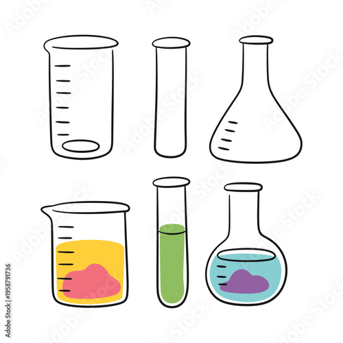 Erlenmeyer Flask Vector Collection Doodle Style Colorful and Black Outline Science Lab Glassware Icons Isolated on White Background Chemistry Illustration Design Concept