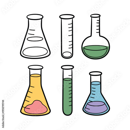 Erlenmeyer Flask Vector Collection Doodle Style Colorful and Black Outline Science Lab Glassware Icons Isolated on White Background Chemistry Illustration Design Concept