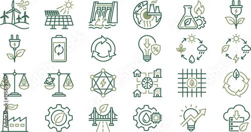 Collection of clean energy icons illustrating sustainable technology for environmental conservation efforts.