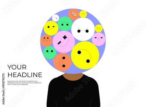 Portrait of a person with a head made of various emoticons expressing different emotions. Concept of emotional intelligence, mood diversity, and human psychology.