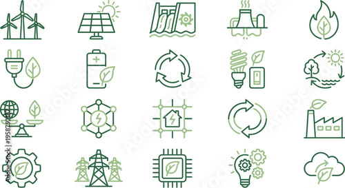 Modern vector line icons depicting renewable energy, eco-friendliness, and environmental sustainability concepts.