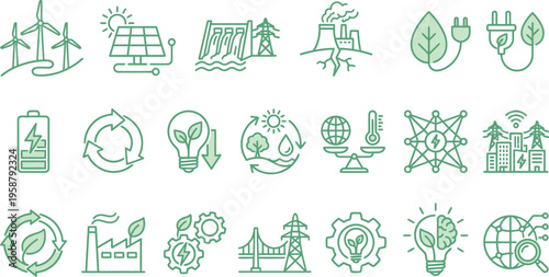 Collection of green energy and renewable resource icons depicting sustainable power solutions and infrastructure concepts