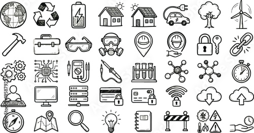 Hand-Drawn Technology, Ecology & Science Icon Set, Hand Drawn Vector Icon Set of Technology Green Energy Engineering and Cybersecurity Symbols