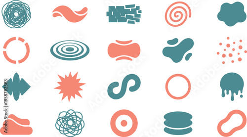 Collection of abstract modern shapes and organic fluid graphic elements in two colors