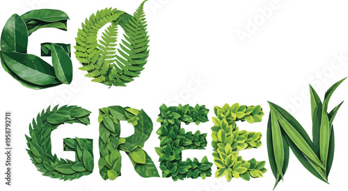 Go green text made of green leaves and plants. "Happy  world Earth Day" 