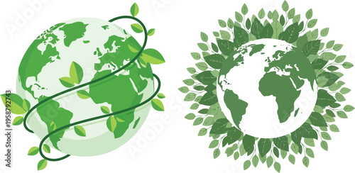 Set of two green earth globes with leaves, ecofriendly concept, environmental protection, sustainable development, vector illustration