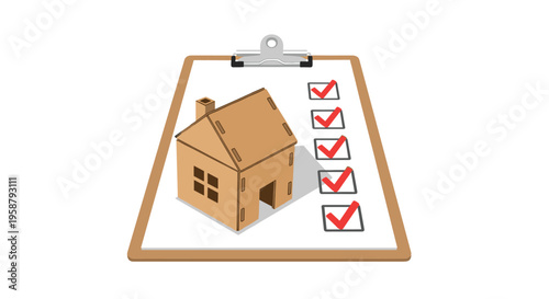 A cardboard house model is placed on a clipboard displaying a checklist with five red checkmarks.