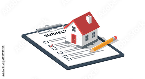 An isometric white house model with a red roof sits on a clipboard with a survey checklist and a yellow pencil.