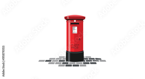 A classic red British post box with a black base is positioned on grey cobblestones against a white background.
