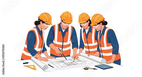 Four construction workers wearing safety gear are collaborating on a large blueprint laid out on a white table.