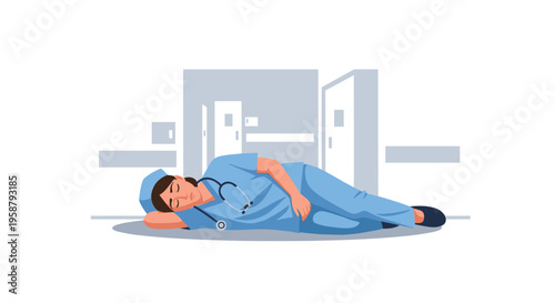 A female nurse in blue scrubs with a stethoscope is sleeping on the floor in a hospital corridor.