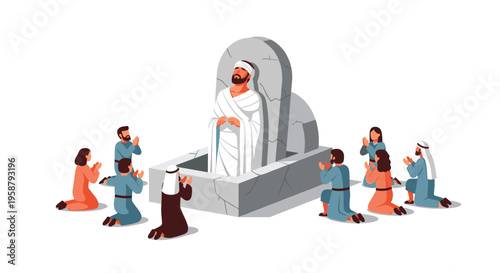 An illustration depicts Lazarus rising from a stone tomb with multiple people kneeling in prayer around him on a white background.