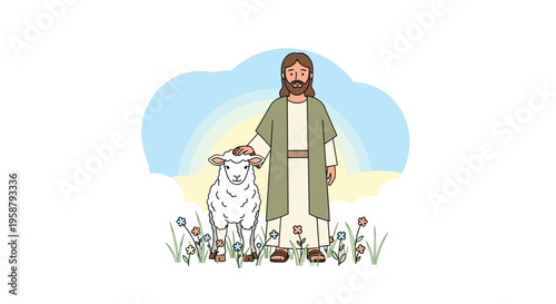 Jesus stands gently petting a white lamb in a field of colorful flowers under a blue sky with clouds.